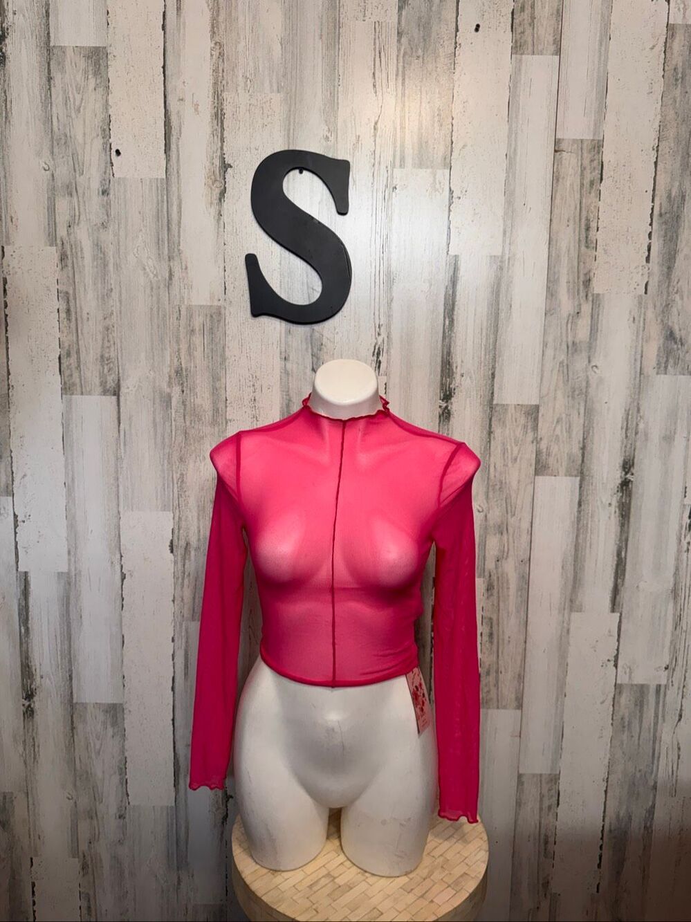 SHEIN Hot Pink Sheer Mesh Mock Neck Long Sleeve Crop Top Womens Small NWT